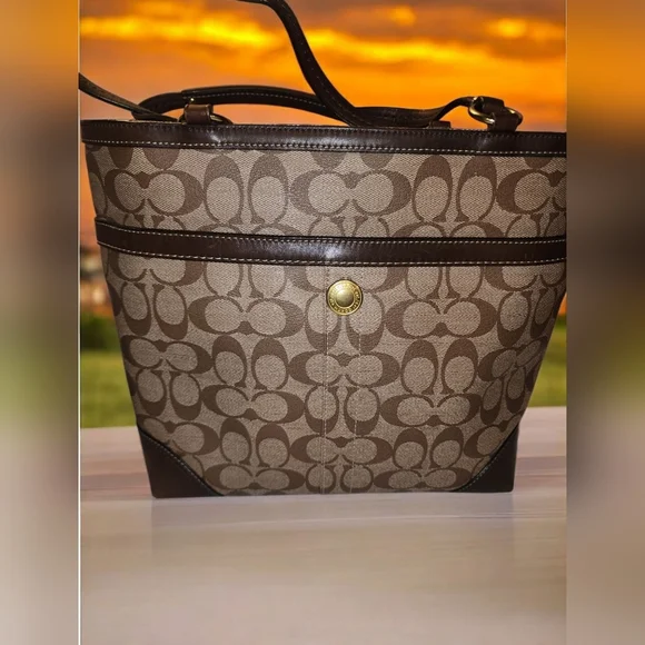 Coach Brown Signature Stripe Canvas Satchel with Gold Accents - Picture 5 of 7